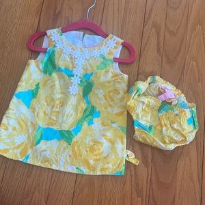 Lilly Pulitzer yellow first impression baby shift dress roses
